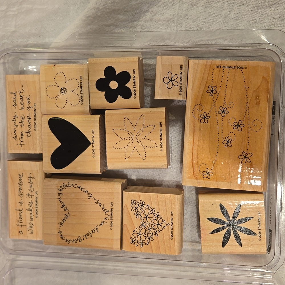 Stampin' Up! Wooden Stamp Set with Black Floral and Heart Designs. Retired Set